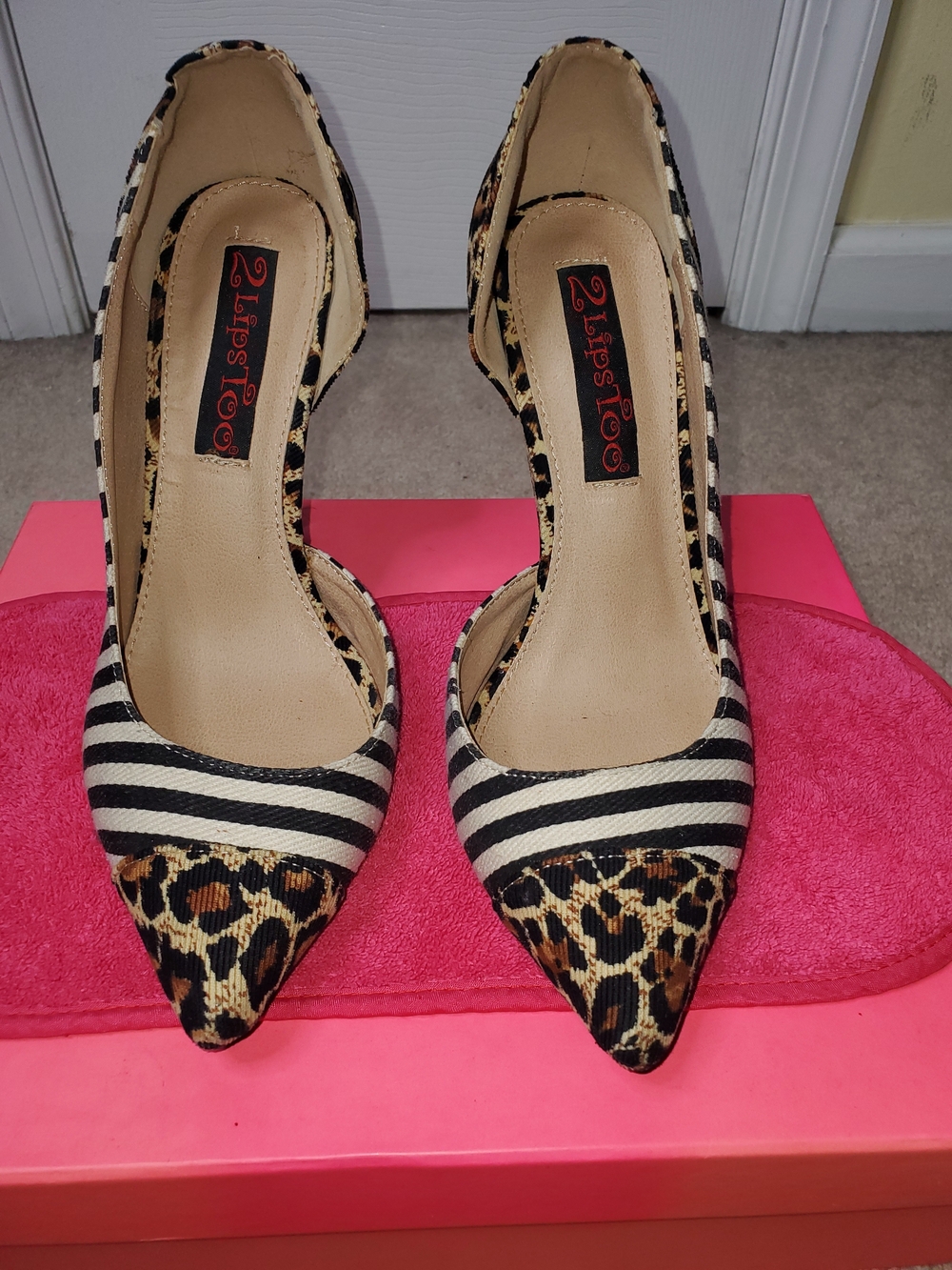 2 Lips Too Leopard & Black-White Stripe Pointed Toe Pumps - Mixed Print